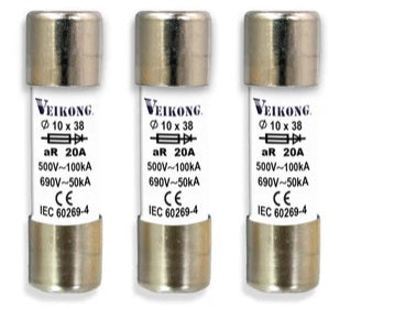 Juego de 3 Fusibles de Cartucho de Ceramica para Seccionador RT18-32, Tamaño 10X38 mm, Accion Rapida (aR) de 20 A, 100 KA para Variador: ACS180-04S-09A8-1, ACS180-04S-09A8-2, ACS180-04S-09A4-4, ACS355-03E-08A8-4
