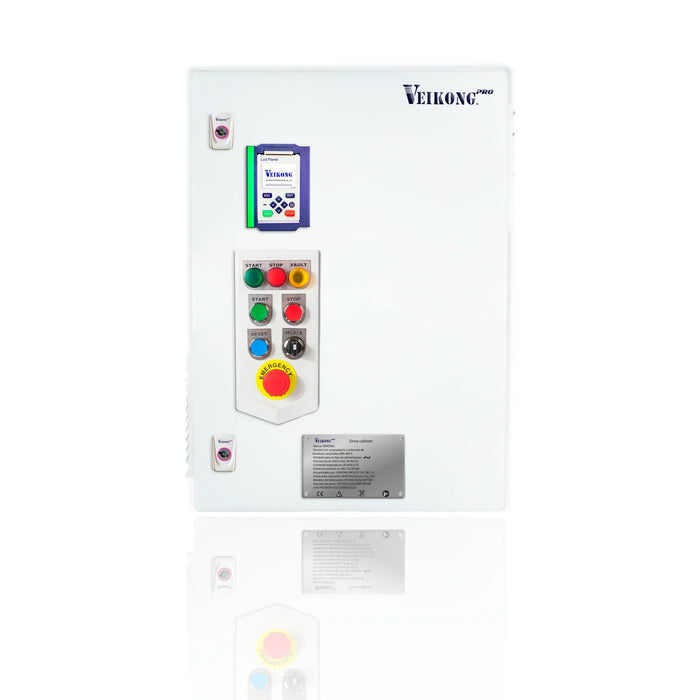 GABINETE VEIKONG PRO DRIVE 25hp VFD500-018G/022PT4B, 440 VAC, 37 A, equipo ensamblado con Fusibles aR y seccionador, Interruptor, Reactor de salida, Botones de control, luces indicadoras de estado y paro de emergencia