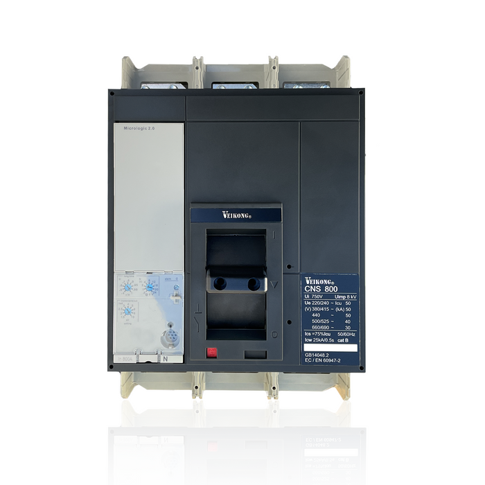 Interruptor termomagnético Marca Veikong  con relevador electrónico 2.0, en caja moldeada, CNS1600N, 3P , 50 KA a 440V, regulable 1600-640  Amperes  , aplicable para arrancador: VKS-8000-700-T4/800-T4