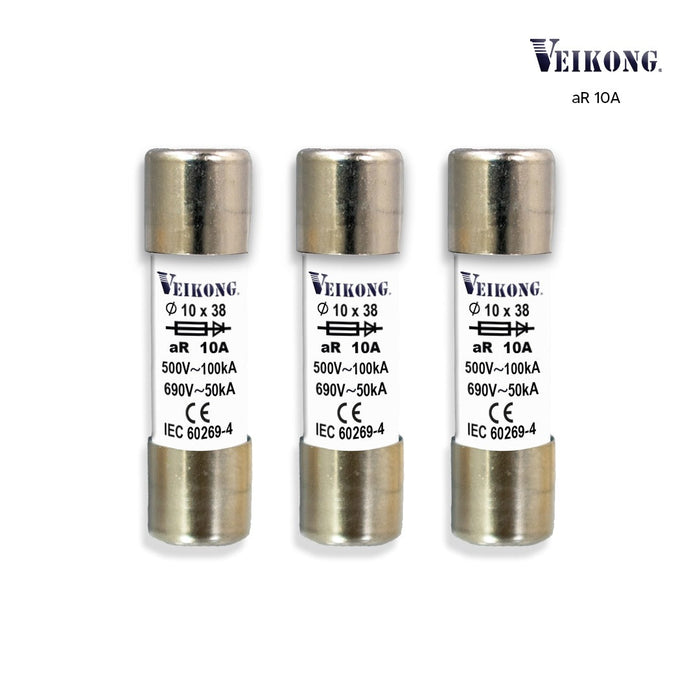 Juego de 3 Fusibles de cartucho de ceramica Marca Veikong , Tamaño 10x38mm para seccionador: RT18-32 , Acción Rapida (aR), 500VAC, 10Amp,  100kA, para variador: VFD500M-R75GS2B  VFD500M-R75GT2B  ,VFD500M-R75GT4B,VFD500-R75GT4B