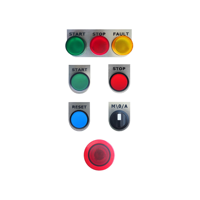 Kit de botonera completa marca ABB Marca Veikong. Incluye: Paro de emergencia, botón pulsador de Inicio, Reset y Alto, luces piloto de Inicio, Falla y Alto, Selector de 3 posiciones
