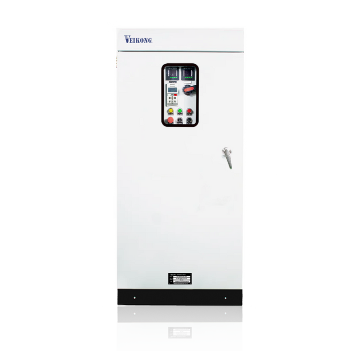 Arrancador Suave en Gabinete Marca Veikong VKS-8000-160-T4B Trifásico, 380-480 VAC, 200 HP. Incluye: interruptor principal con bypass, IP54, panel de control, botones e indicador digital, paro de emergencia, desconectador en puerta y apartarrayos.