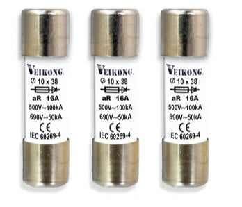 Juego de 3 Fusibles de Cartucho de Ceramica para Seccionador RT18-32, Tamaño 10X38 mm, Accion Rapida (aR)  de 16 A, 100 KA para Variador: ACS180-04S-06A9-1, ACS180-04S-06A9-2, ACS180-04S-07A2-4, ACS355-03E-05A6-4