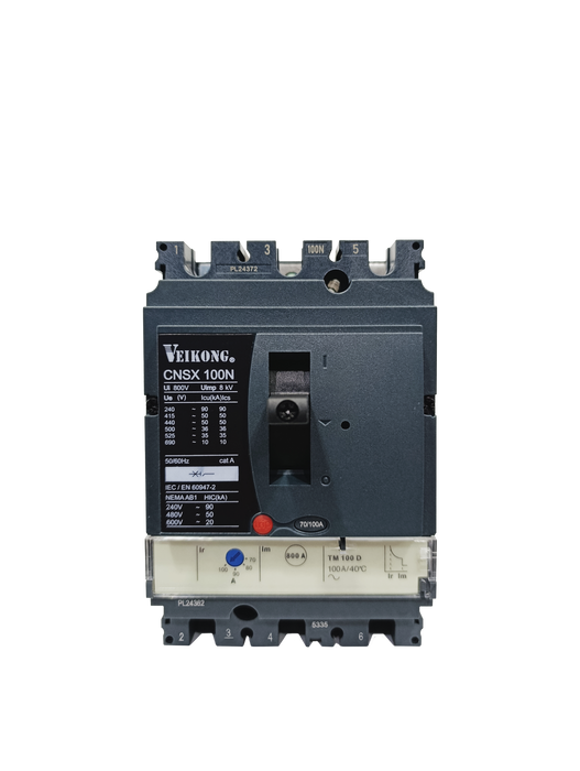 Interruptor termomagnético Marca Veikong con relevador electrónico 2.0, en caja moldeada, CNSX100N, 3P , 50 KA a 440V, regulable 70-100  Amperes  , aplicable para arrancador: VKS-8000-018-T2/037-T4/022-T2/045-T4