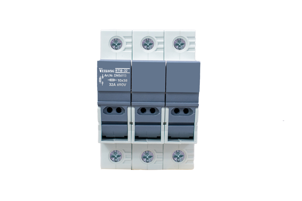 Seccionador Portafusible 3 polos Marca Veikong para fusible de 14x51 mm  TIPO: RT18-63 ,modelo: DN56118  40A Y 63 Amp.