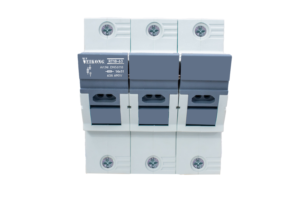 Seccionador Portafusible 3 polos Marca Veikong para fusible de 14x51 mm  TIPO: RT18-63 ,modelo: DN56118  40A Y 63 Amp.