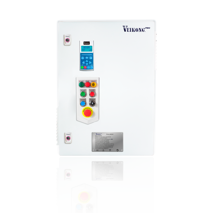 Arrancador Suave en Gabinete Marca Veikong  VKS-8000-030-T4PRO Trifásico, 380 - 480 VAC, 40 hp.  Incluye: Interruptor termomagnético, panel de control, botones, paro de emergencia, y supresor de sobrevoltaje