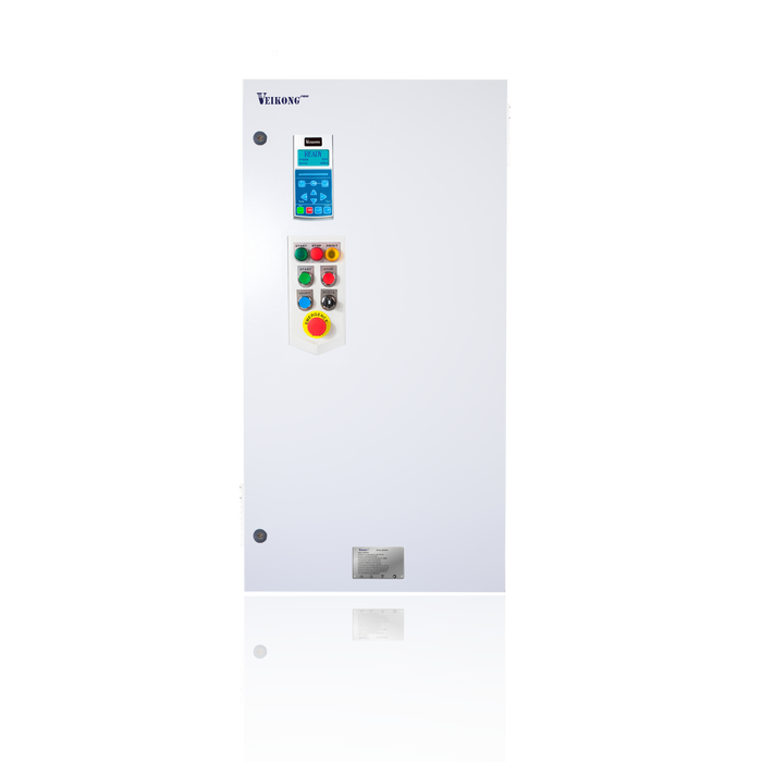 Arrancador Suave en Gabinete Marca Veikong  VKS-8000-075-T4PRO Trifásico, 380 - 480 VAC, 100 hp.  Incluye: Interruptor termomagnético, panel de control, botones e indicador digital, paro de emergencia, y supresor de sobrevoltaje