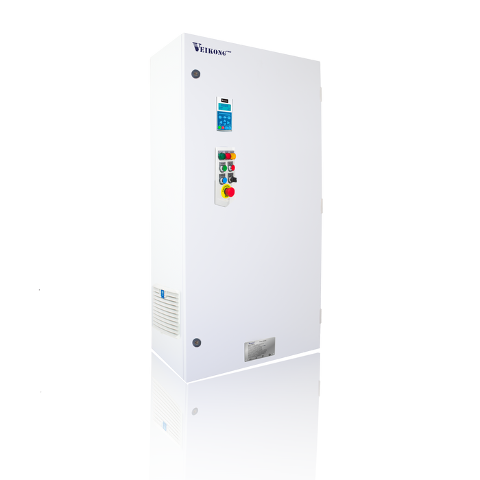 Arrancador Suave en Gabinete Marca Veikong  VKS-8000-055-T4PRO Trifásico, 380 - 480 VAC, 75 hp.  Incluye: Interruptor termomagnético, panel de control, botones e indicador digital, paro de emergencia, y supresor de sobrevoltaje