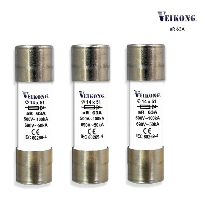Juego de 3 Fusibles de cartucho de ceramica Marca Veikong  , para seccionador: RT18-63 , Tamaño 14x51mm , Acción Rapida (aR), 500VAC, 63Amp,  100kA, para variador:  VFD500-015G/018PT4B  VFD500-018G/022PT4B  VFD500-7R5GT2B  VFD500-7R5GS2B