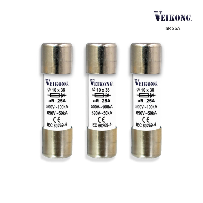 Juego de 3 fusibles cartucho cerámica Marca Veikong para seccionador RT18-32, 10x38 mm, acción rápida (aR), 500 VAC, 25 Amp, 100 kA, para variador: VFD500M-2R2GS2B, VFD500M-2R2GT2B, VFD500M-5R5GT4B, VFD500-5R5G/7R5PT4B, VFD500-4R0GT2B, VFD500-4R0GS2B