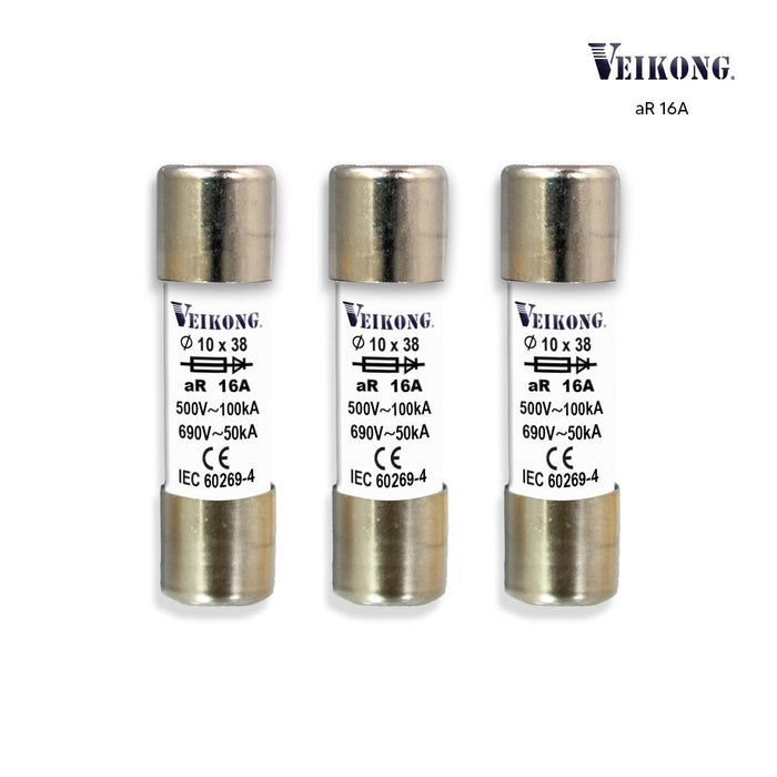 Juego de 3 Fusibles Marca Veikong cartucho cer. secc RT18-32, 10x38 mm, para seccionador RT18-32, acción rápida (aR), 500 VAC, 16 Amp, 100 kA, para variador: VFD500M-1R5GT4B, VFD500-1R5GT4B, VFD500-R75GT2B, VFD500-1R5GT2B, VFD500-R75GS2B, VFD500-1R5GS2B