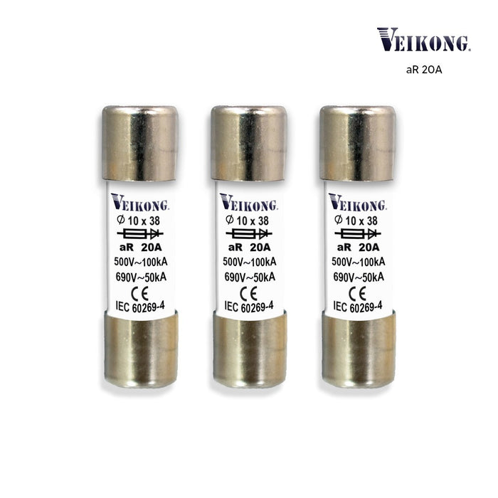 Juego de 3 Fusibles cartucho cerámica Marca Veikong, sec RT18-32, 10x38 mm, acción rápida (aR), 500 VAC, 20 Amp, 100 kA, para variador: VFD500M-1R5GS2B, VFD500M-1R5GT2B, VFD500M-2R2GT4B, VFD500M-4R0GT4B, VFD500-2R2GT4B, VFD500-4R0G/5R5PT4B, VFD500-2R2GS2B